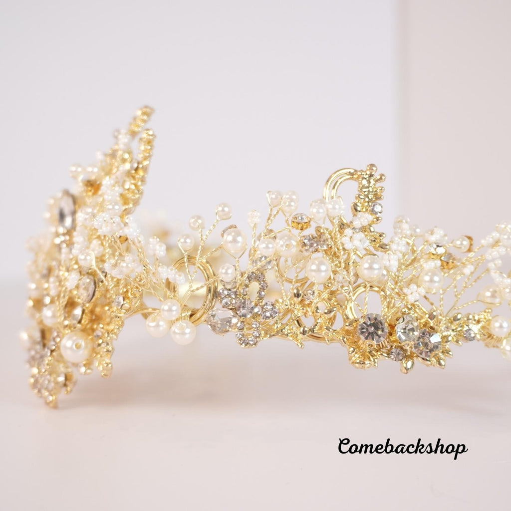 Tiara crown gold flower headpiece Crystal Pearl Bridal Jewelry Crown Tiara,Bride sweet 16th party