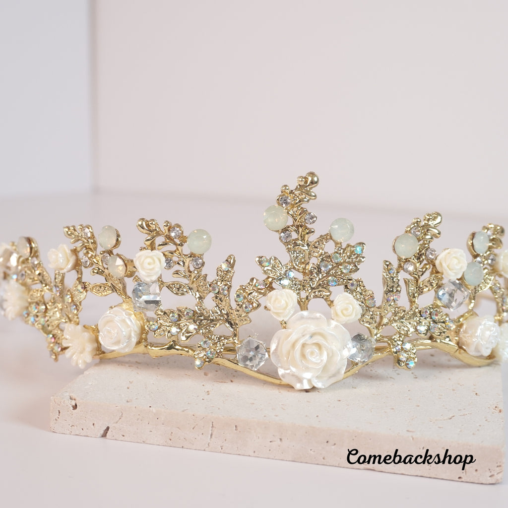 Baroque Handmade Gold Flower Leaf Tiara Crowns Wedding Hair Vine,Swarovski