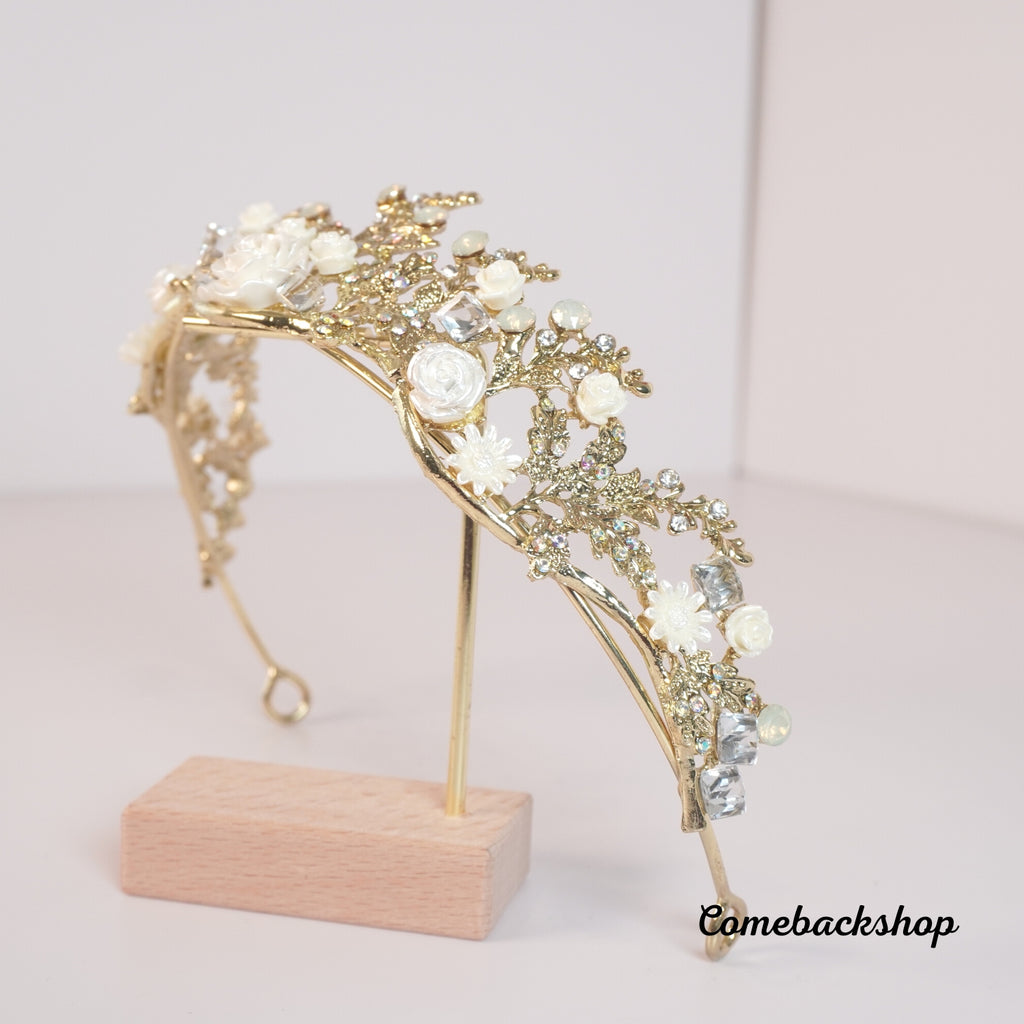 Baroque Handmade Gold Flower Leaf Tiara Crowns Wedding Hair Vine,Swarovski