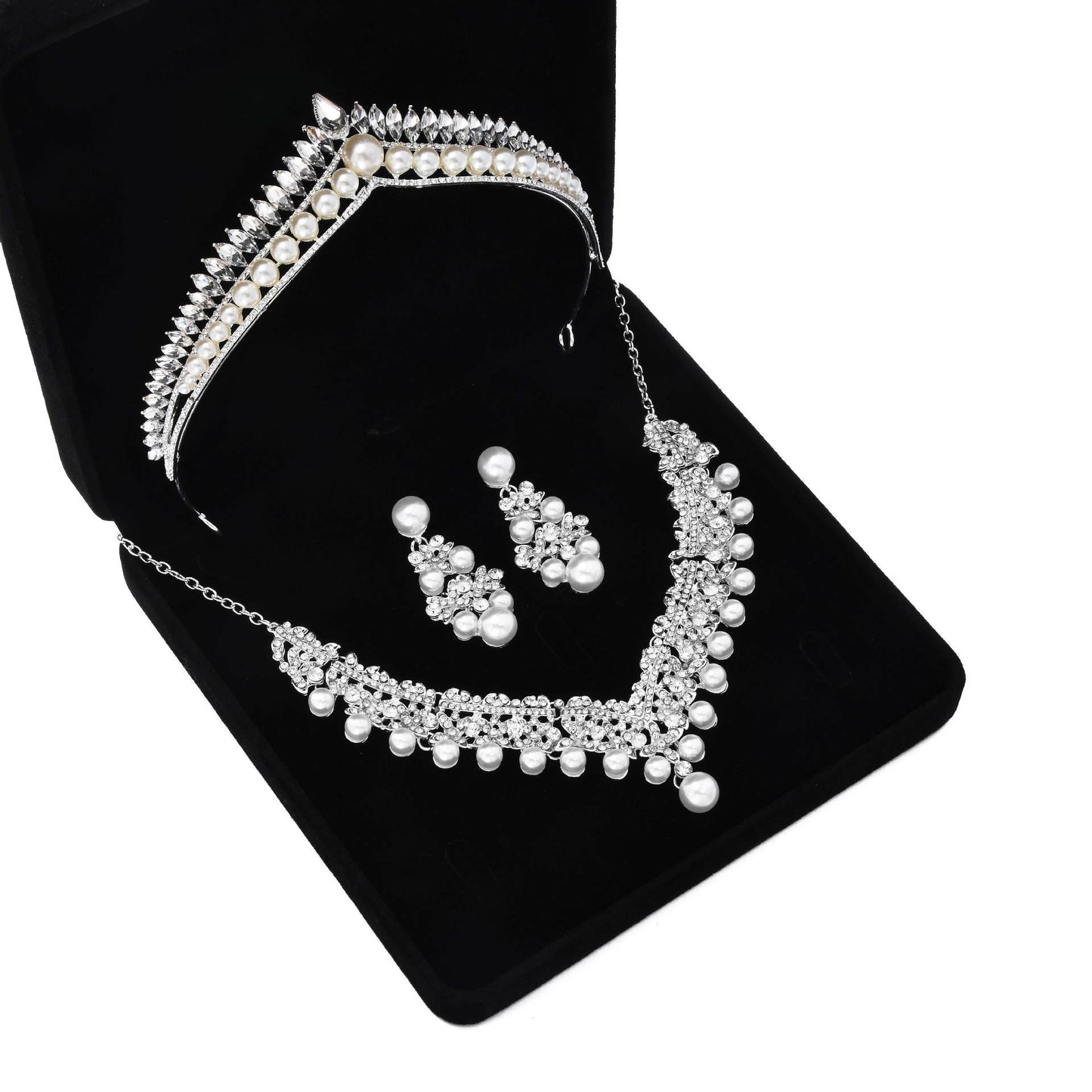 Wedding Pearl Crystal Head Crown Gold Earring Tiaras Rhinestone Headpiece Bridal Halloween Sparkly Party Hair Accessories for Women and Girls