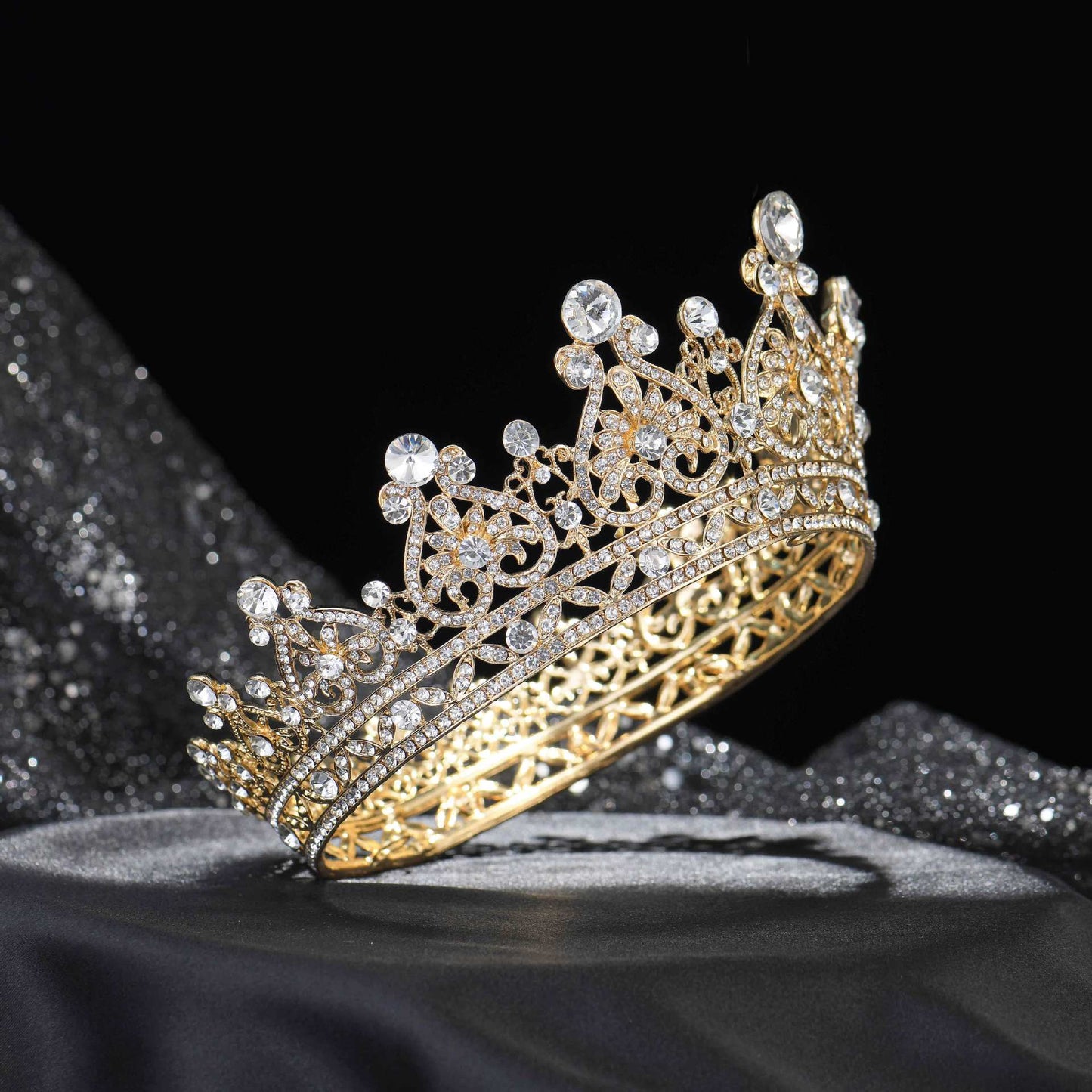 Princess Jewelry Large Full Circle Rhinestones Queen Pageant Crown Wedding Bridal Hair Jewelry Wedding Dress Accessories,Gold tiara