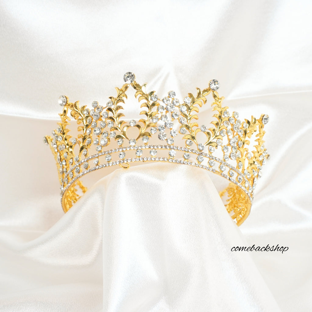 Tiara crown gold round full crown headpiece tiara hair accessories wedding tiara,flower girl,birthday gift