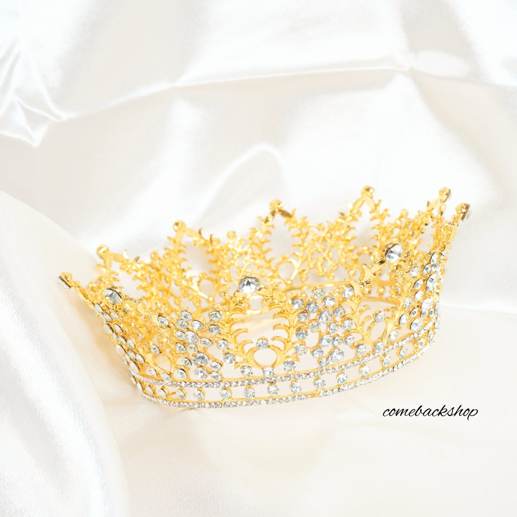 Tiara crown gold round full crown headpiece tiara hair accessories wedding tiara,flower girl,birthday gift