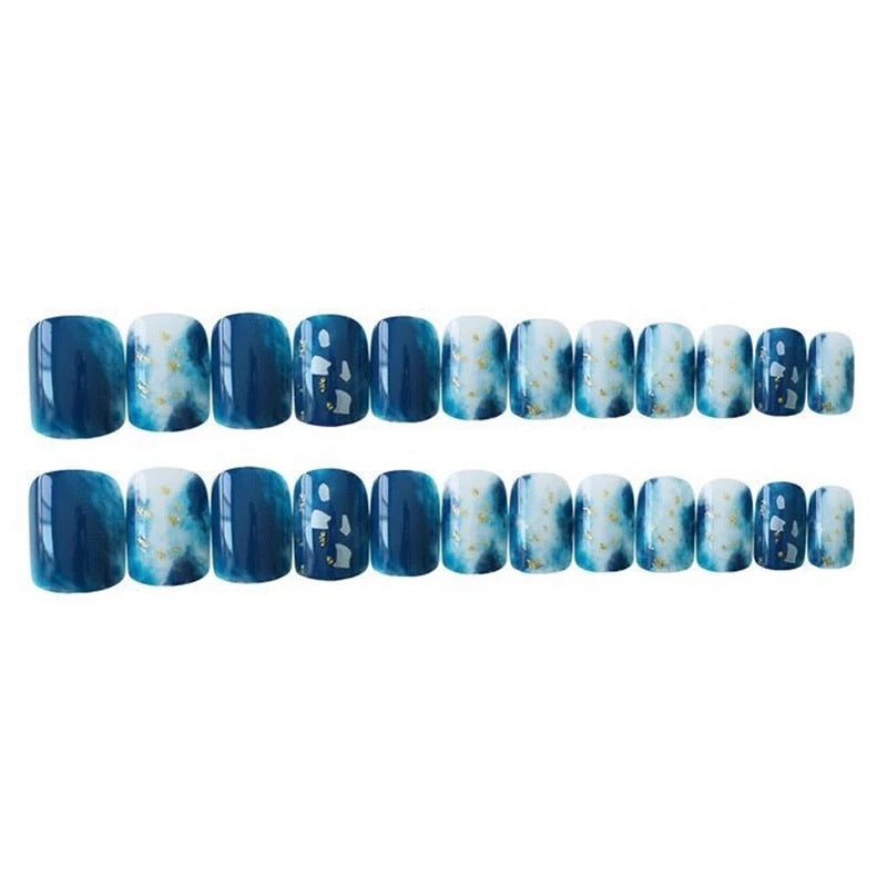 Gold Foils Fake Nails Short Design Square Dark Blue Ink False Nails