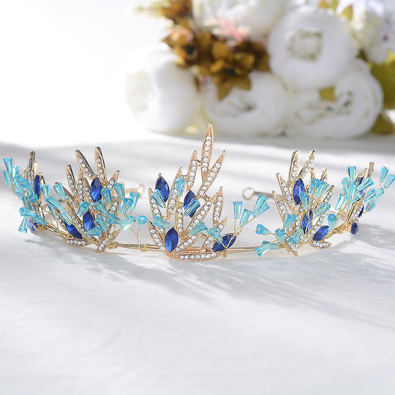 Crown Blue Crystal Tiara Bridal Wedding Crown Gold Leaves Bridal Hair Accessories