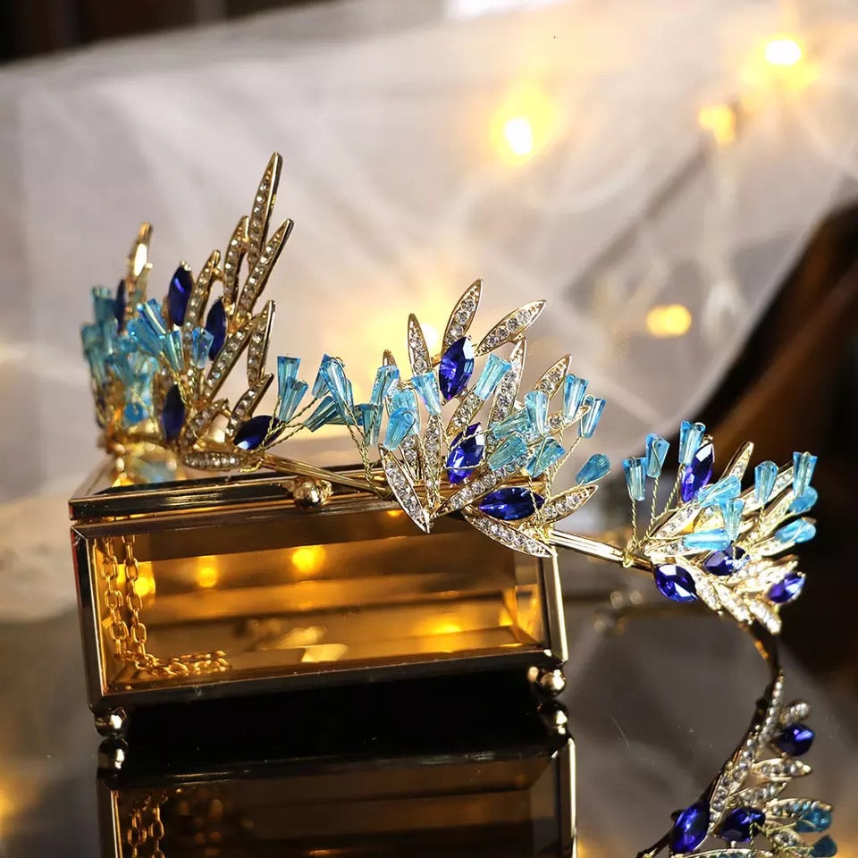 Crown Blue Crystal Tiara Bridal Wedding Crown Gold Leaves Bridal Hair Accessories