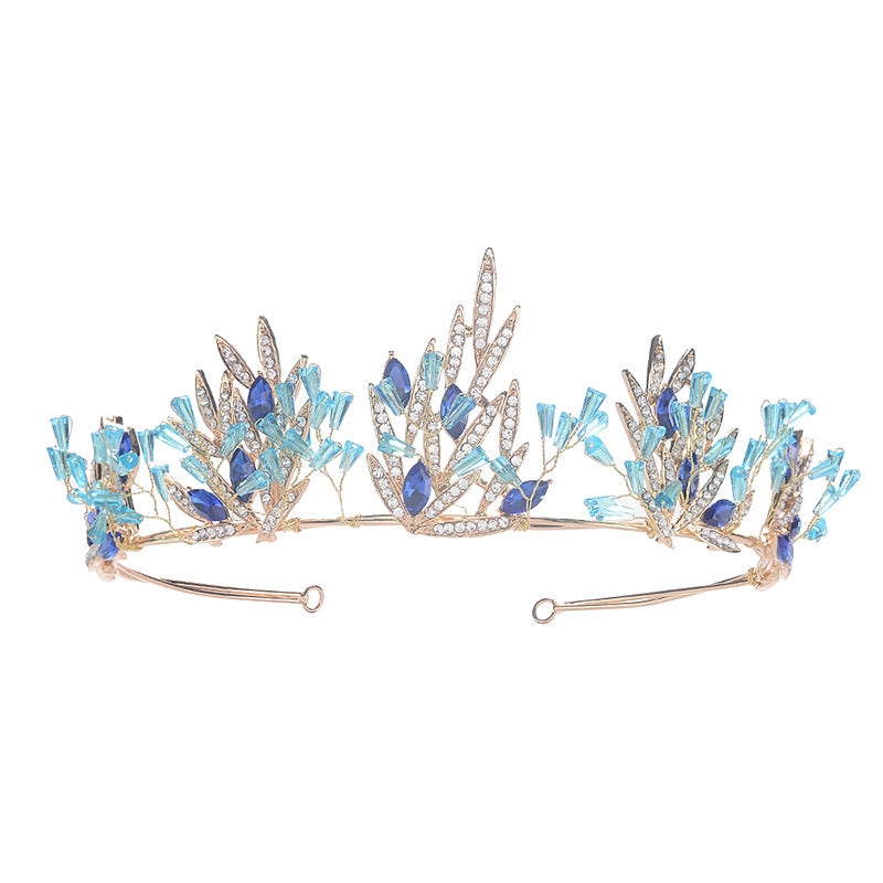 Crown Blue Crystal Tiara Bridal Wedding Crown Gold Leaves Bridal Hair Accessories