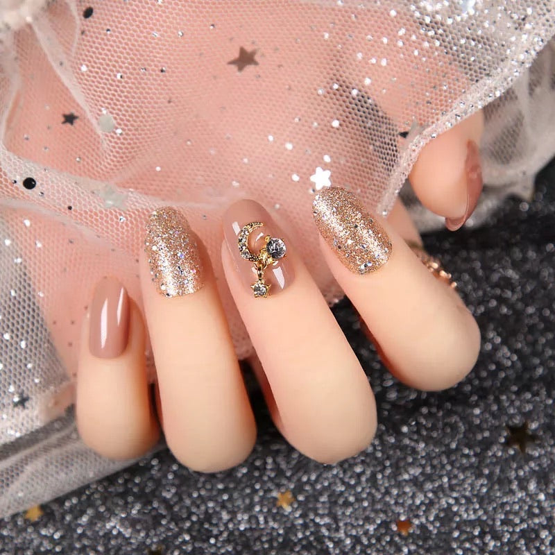 faux nails Shimmer Paillette Diamond Moon Artificial Nail Art Tips