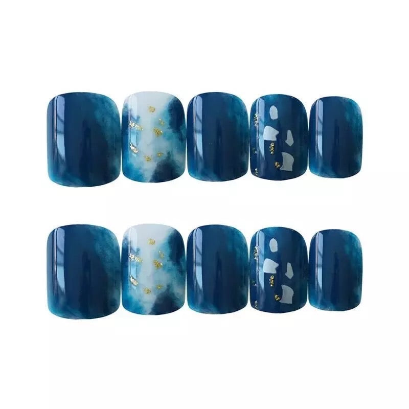 Gold Foils Fake Nails Short Design Square Dark Blue Ink False Nails