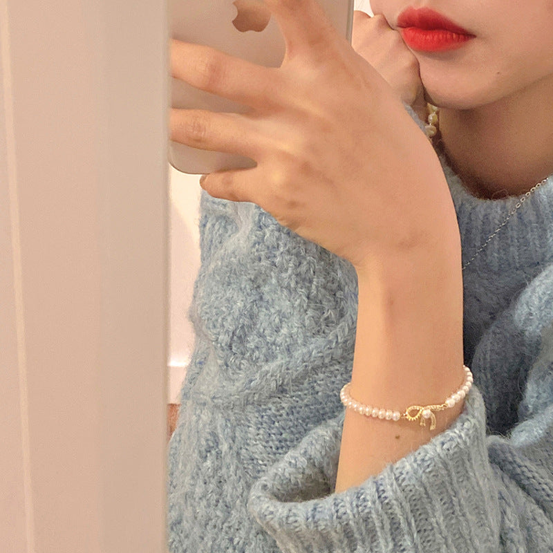 Pearl Cubic Zirconia Pendant Bracelet Women Round Butterfly Shiny Rhinestone Bangle Jewelry