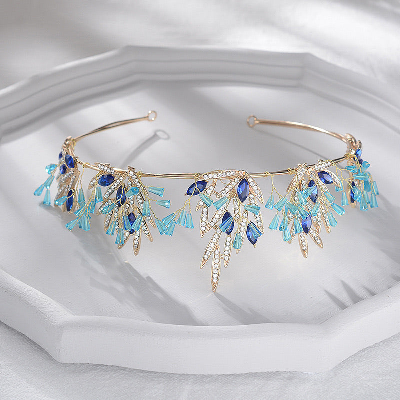 Crown Blue Crystal Tiara Bridal Wedding Crown Gold Leaves Bridal Hair Accessories