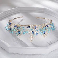 Load image into Gallery viewer, Crown Blue Crystal Tiara Bridal Wedding Crown Gold Leaves Bridal Hair Accessories