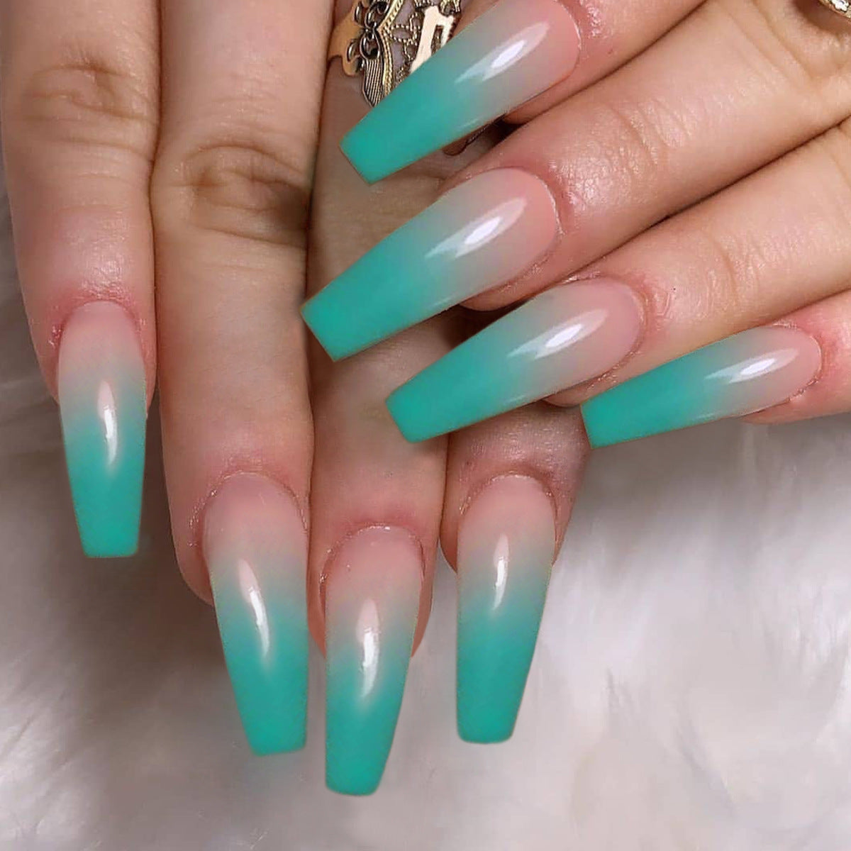 Ocean blue False Nails Wearable Rhinestone Gradiant Ballerina Design Fake Nails Full Cover Press on Nail