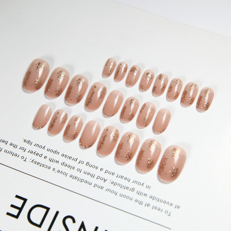 Stiletto Fake Nails Full Cover Metal Mirror Reflection Glitter Sequins Medium Length False Acrylic