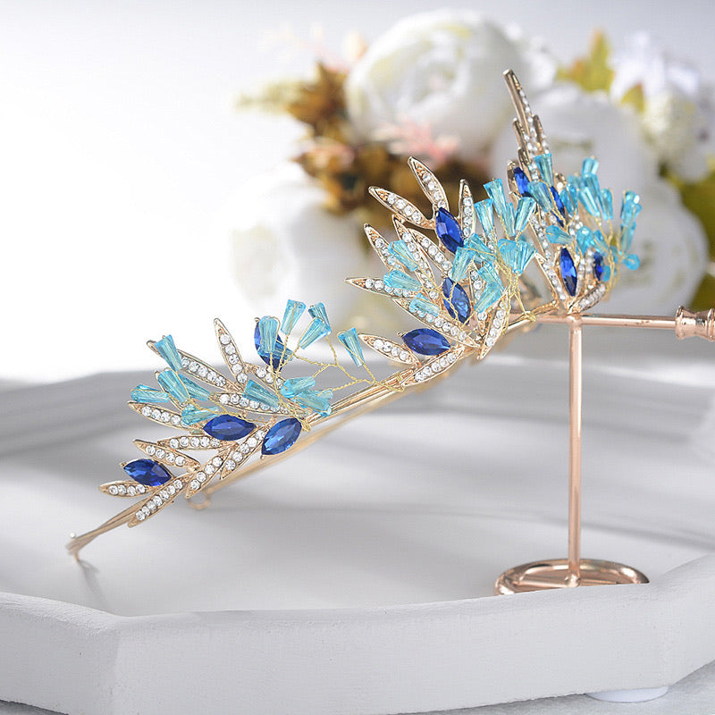Crown Blue Crystal Tiara Bridal Wedding Crown Gold Leaves Bridal Hair Accessories