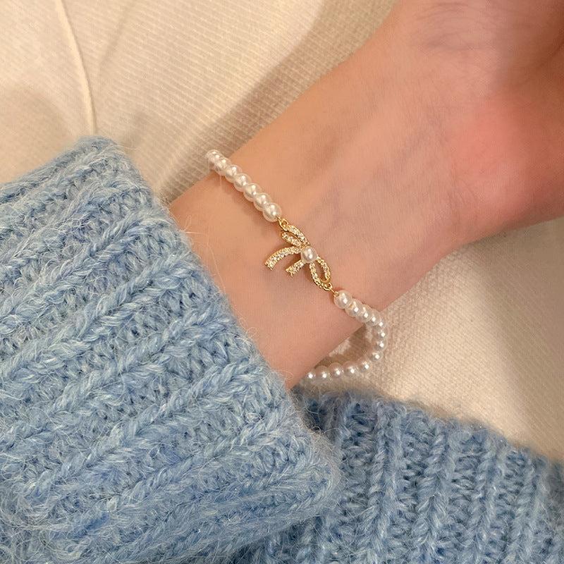 Pearl Cubic Zirconia Pendant Bracelet Women Round Butterfly Shiny Rhinestone Bangle Jewelry