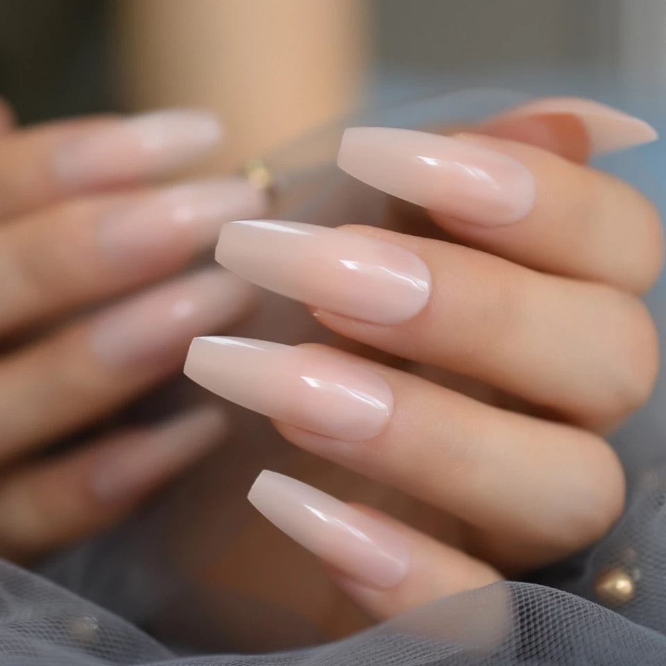 Nude Extra Long Fake Nails Coffin Full Cover Glossy False Nail Long Ballerina Nails