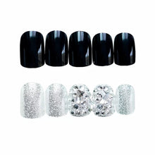 Load image into Gallery viewer, Punk White Silver Fake Nails Short Design Full Cover Rhinestone False Nails