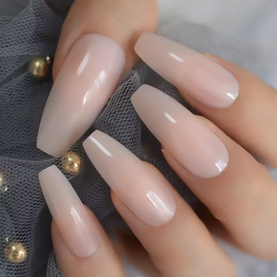 Nude Extra Long Fake Nails Coffin Full Cover Glossy False Nail Long Ballerina Nails