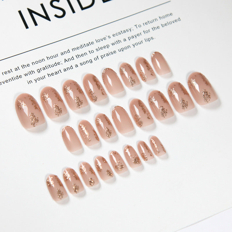 Stiletto Fake Nails Full Cover Metal Mirror Reflection Glitter Sequins Medium Length False Acrylic