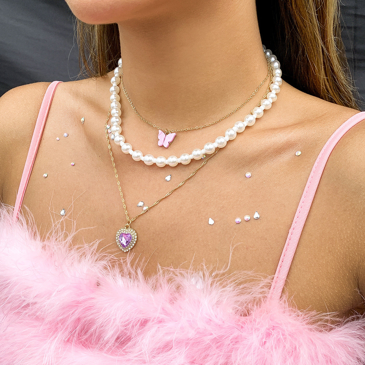 Pink Cute Butterfly Charm Jewelry Delicate Pendant Butterfly Necklace Birthday Christmas Gift for Wife Girlfriend Mom Teen layered necklace