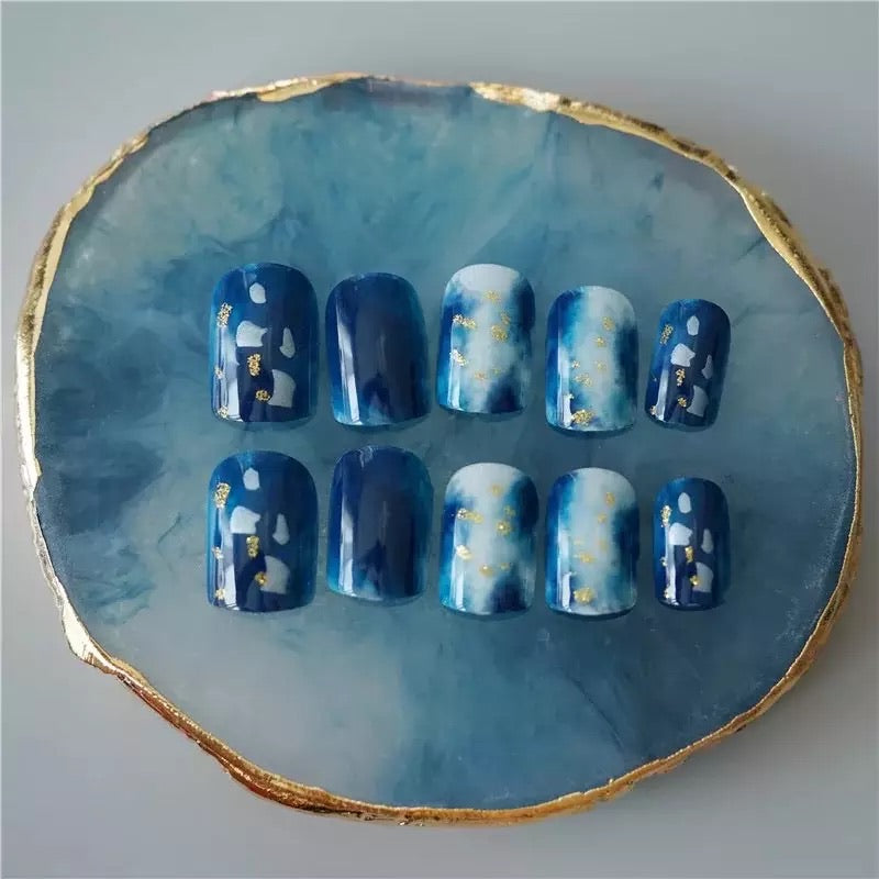 Gold Foils Fake Nails Short Design Square Dark Blue Ink False Nails