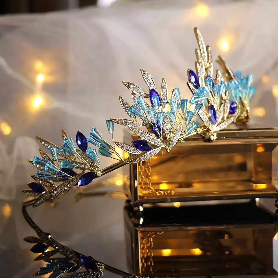 Crown Blue Crystal Tiara Bridal Wedding Crown Gold Leaves Bridal Hair Accessories