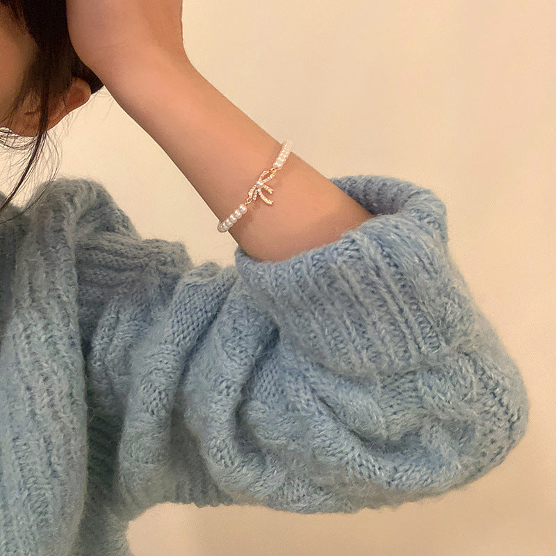 Pearl Cubic Zirconia Pendant Bracelet Women Round Butterfly Shiny Rhinestone Bangle Jewelry