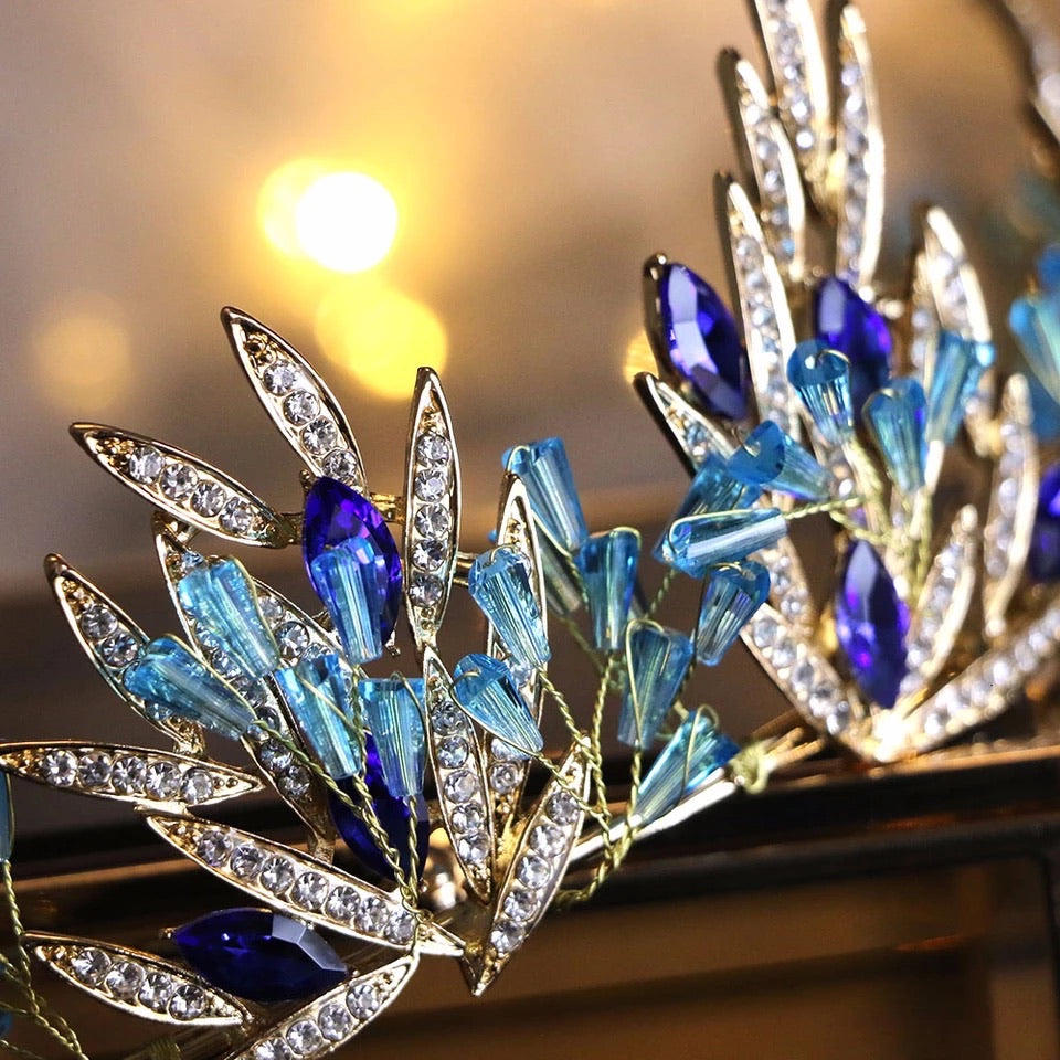 Crown Blue Crystal Tiara Bridal Wedding Crown Gold Leaves Bridal Hair Accessories