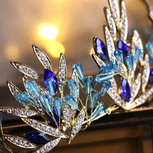 Load image into Gallery viewer, Crown Blue Crystal Tiara Bridal Wedding Crown Gold Leaves Bridal Hair Accessories