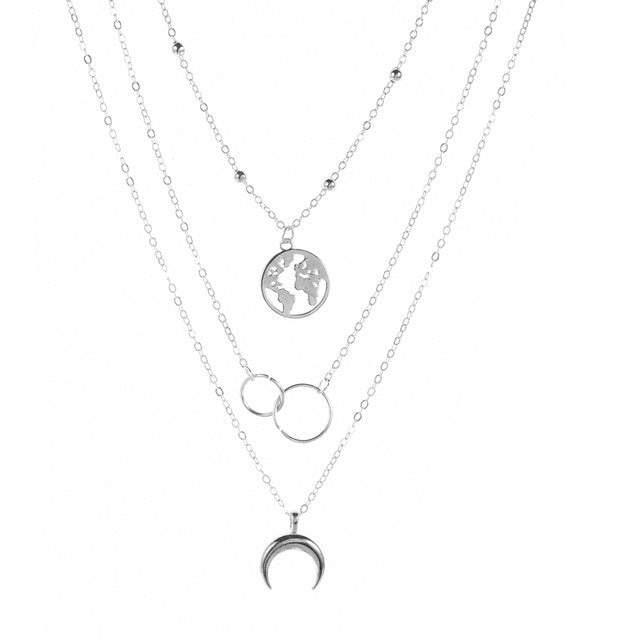 New Fashion Retro Moon World Map Circle Pendant Multilayer Gold Colodr Necklace Party Charm Jewelry Accessories For Women