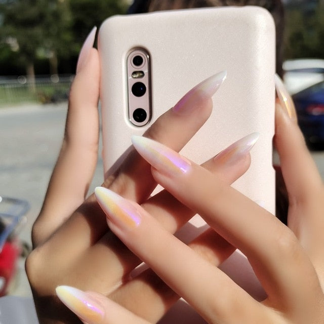 24pcs Aesthetic Northern Lights stiletto nail tips Simple Fashion Lasting Fake Nails Wearable Full Cover Finished Fingernails TY