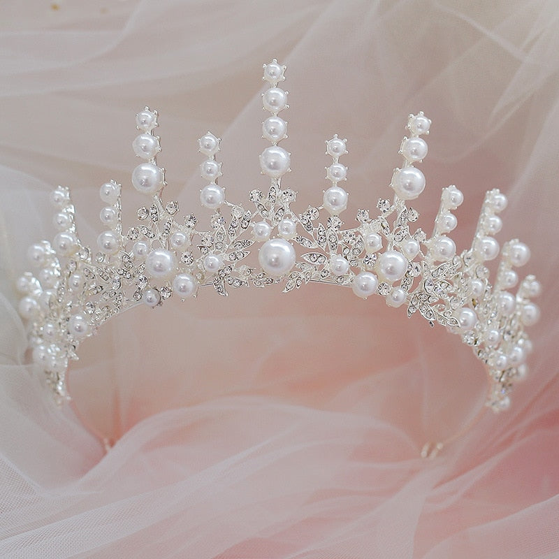 Baroque Luxury Silver Plated Crystal Pearl Bridal Tiaras Crown Rhinestone Pageant Diadem Bride Headband Wedding Hair Accessories