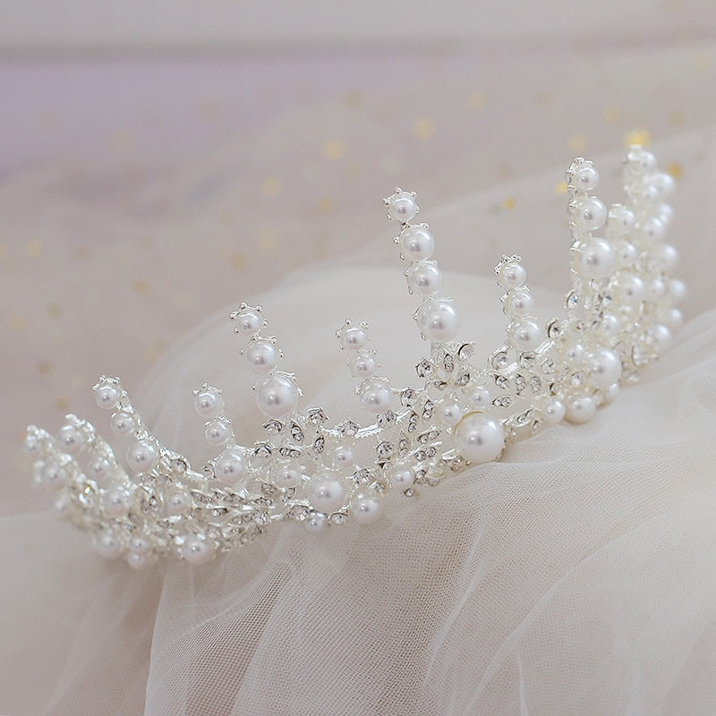 Baroque Luxury Silver Plated Crystal Pearl Bridal Tiaras Crown Rhinestone Pageant Diadem Bride Headband Wedding Hair Accessories