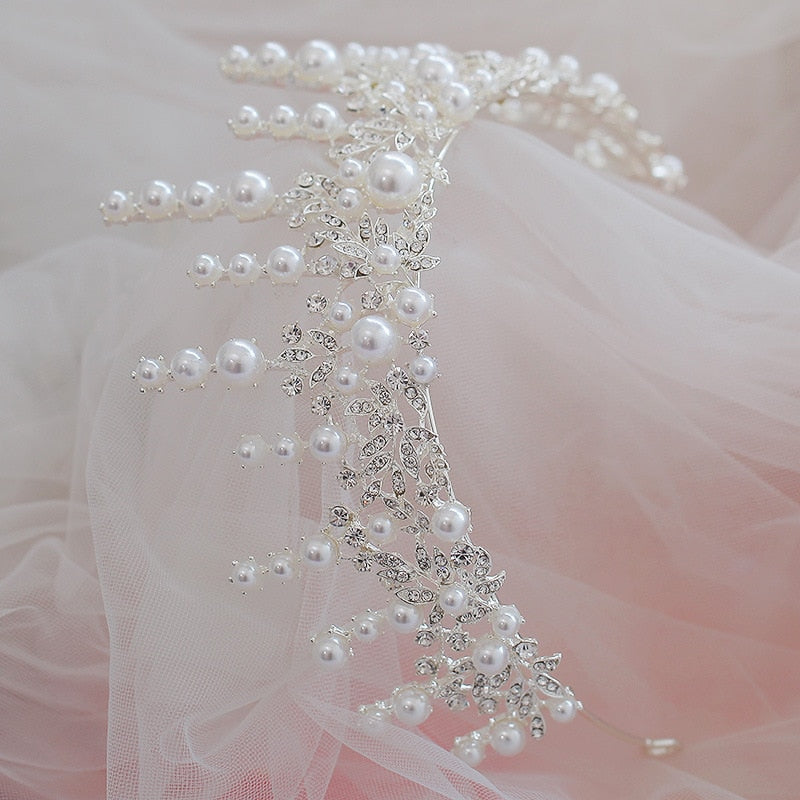 Baroque Luxury Silver Plated Crystal Pearl Bridal Tiaras Crown Rhinestone Pageant Diadem Bride Headband Wedding Hair Accessories