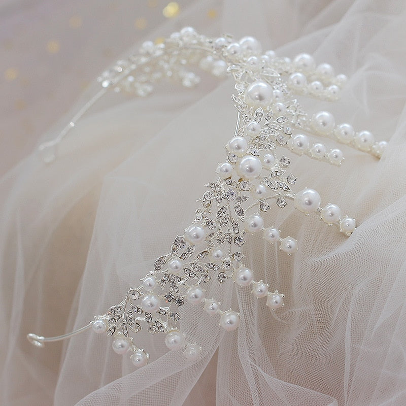 Baroque Luxury Silver Plated Crystal Pearl Bridal Tiaras Crown Rhinestone Pageant Diadem Bride Headband Wedding Hair Accessories