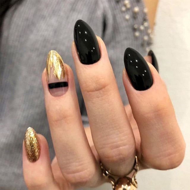 24Pcs Detachable Black Gold Glitter Pointed Stiletto Fake Nails Oval Head Wearable Nail Full Cover Nail Tips Decor with glue