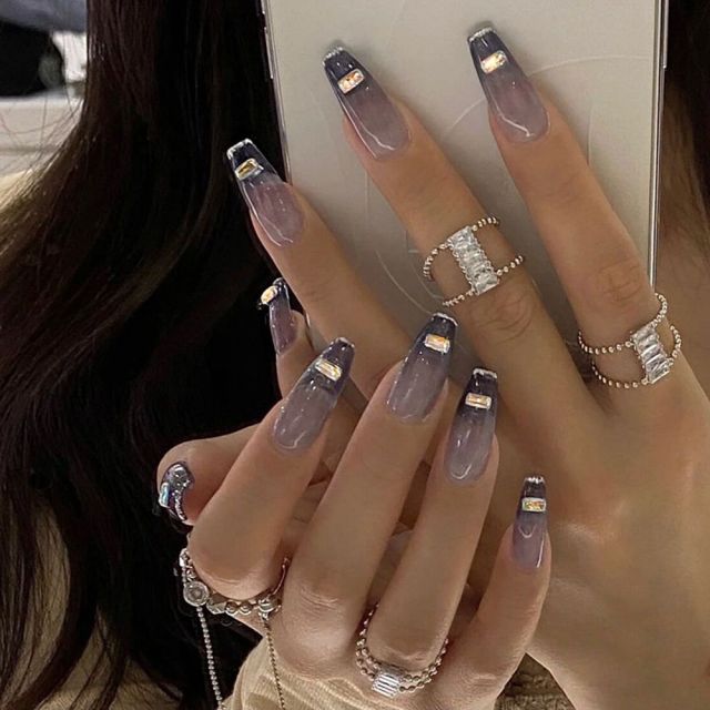 24pcs Detachable Jelly Gradient with design False Nails Wearable Ballerina Coffin Fake Nails Full Cover Nail Tips Press On Nails