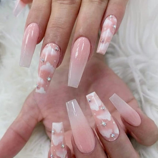 24pcs Super Long Ballerina False Nails Detachable with Pink clouds design nail Wearable Coffin Fake Nails Full Cover Nail Tips