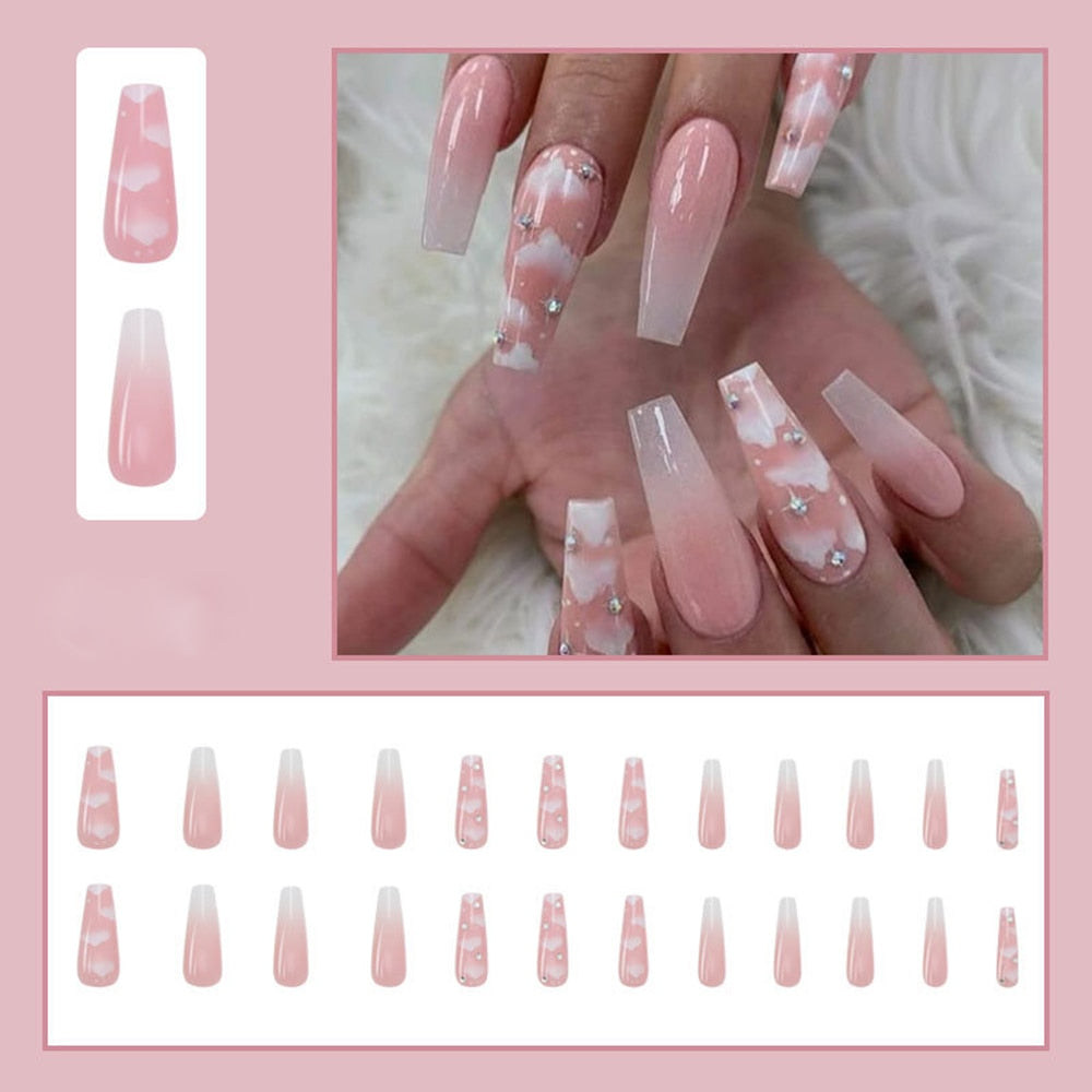 24pcs Super Long Ballerina False Nails Detachable with Pink clouds design nail Wearable Coffin Fake Nails Full Cover Nail Tips