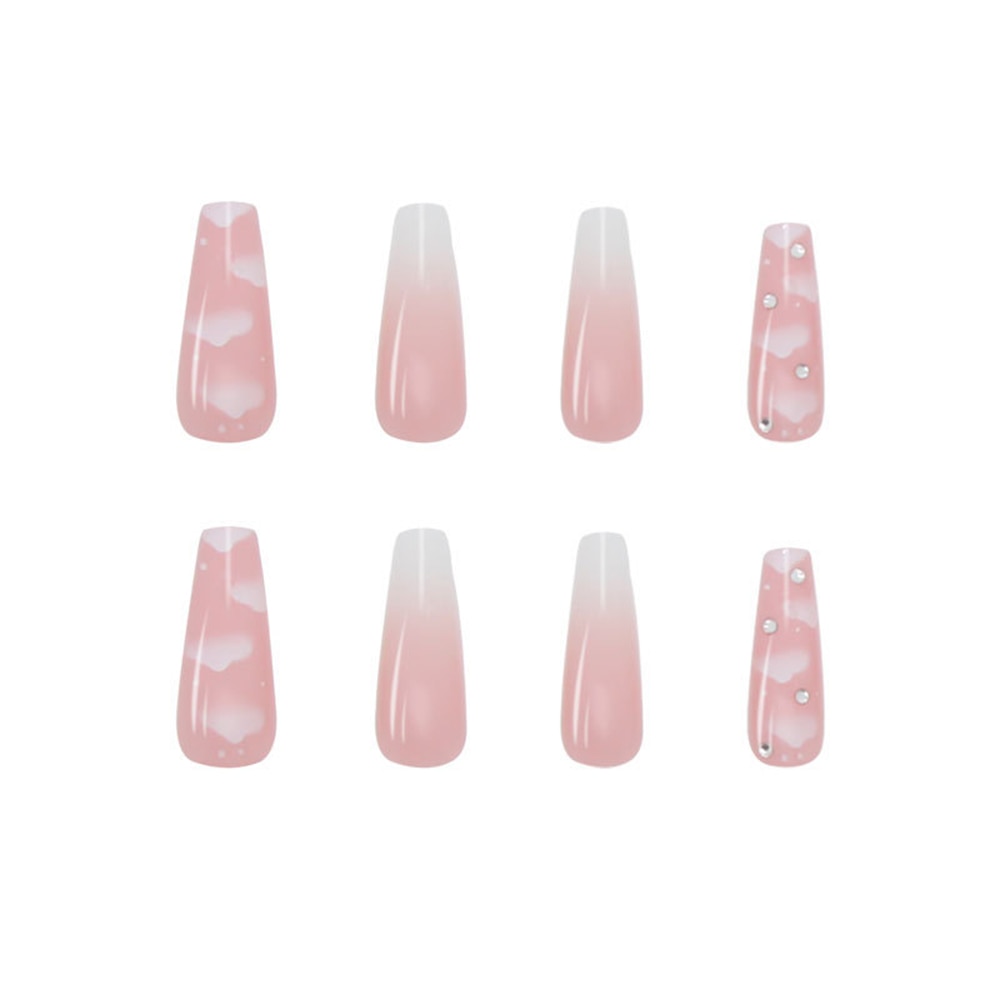 24pcs Super Long Ballerina False Nails Detachable with Pink clouds design nail Wearable Coffin Fake Nails Full Cover Nail Tips