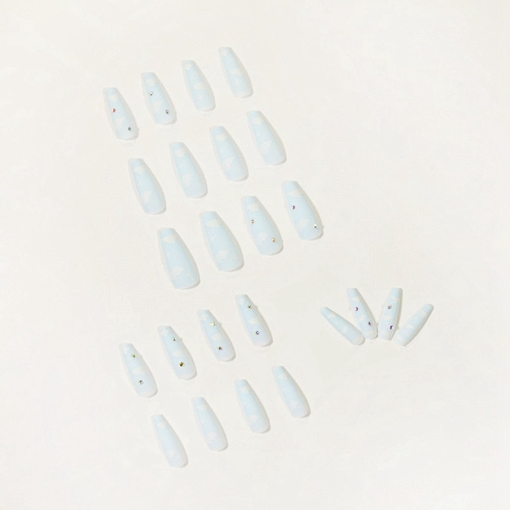 24pcs False Nails with Clouds Print Design Long Coffin Fake Nail Patch Women Full Finished Coffin Ballerina False Nail Patch