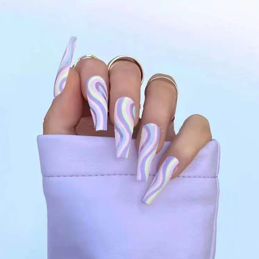 Long Ballerina False Nails with Colorful Wave Designs Wearable Coffin Fake Nails Full Cover Artificial Nail Art Tips 24pcs/Box