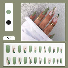 Load image into Gallery viewer, 24pcs false nails matte Green Nails Patch with glue Removable Long Paragraph Fashion Manicure press on Nail tips free shipping