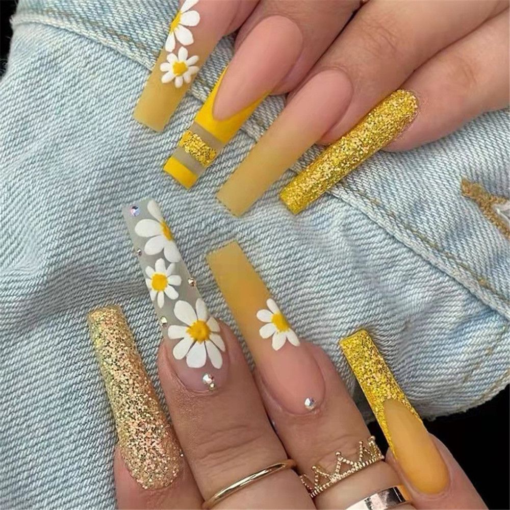 24pcs Coffin Fake Nails Detachable Yellow Gradient Flower Decal Ballet Nail Art Tips Long Gold Glitter False Nails Acrylic nails