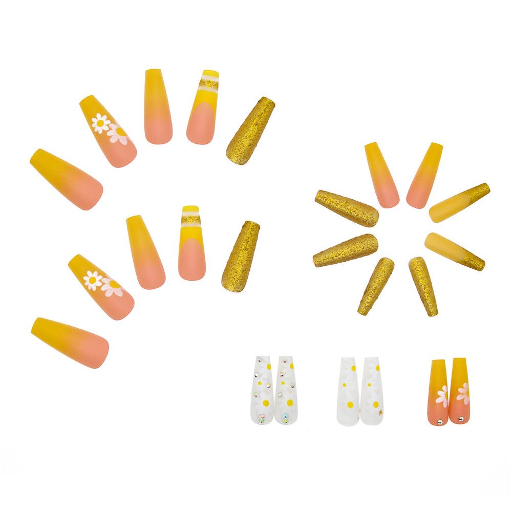 24pcs Coffin Fake Nails Detachable Yellow Gradient Flower Decal Ballet Nail Art Tips Long Gold Glitter False Nails Acrylic nails