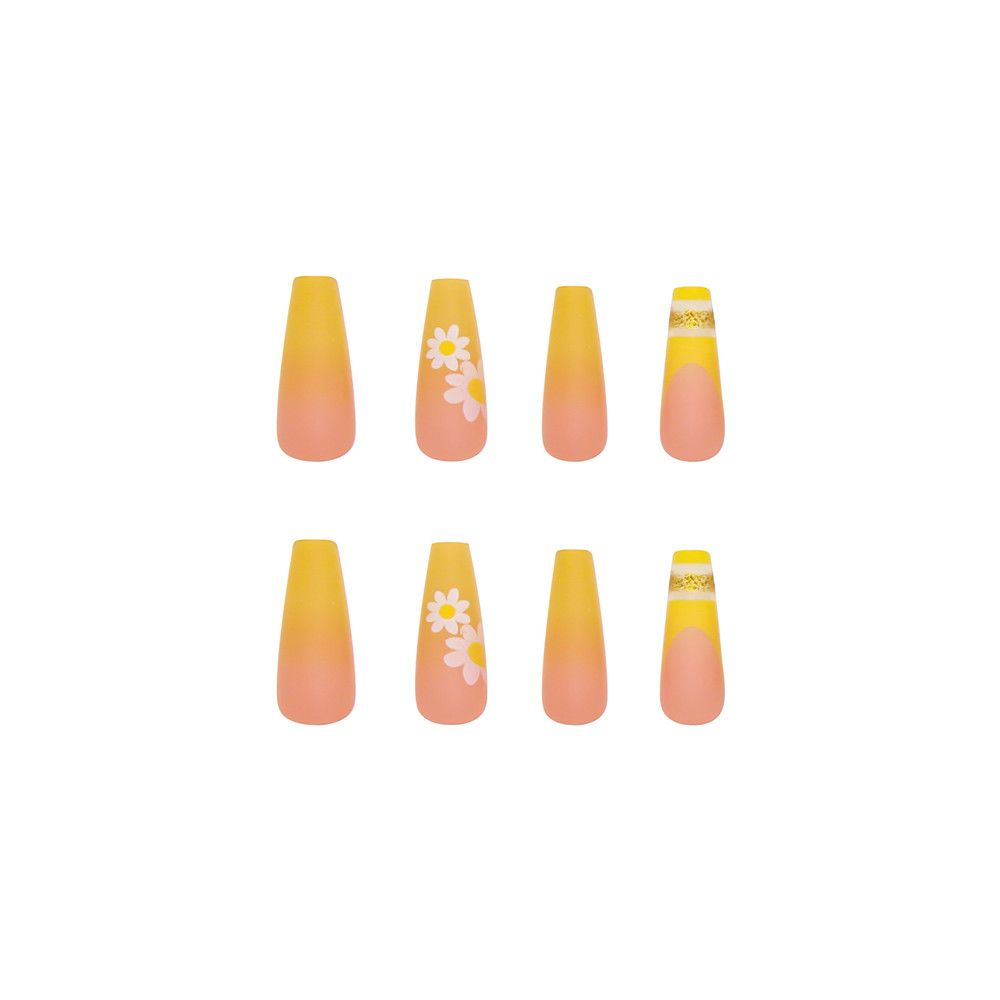 24pcs Coffin Fake Nails Detachable Yellow Gradient Flower Decal Ballet Nail Art Tips Long Gold Glitter False Nails Acrylic nails