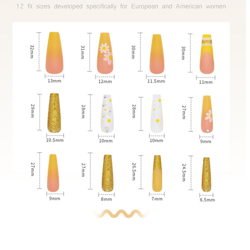 24pcs Coffin Fake Nails Detachable Yellow Gradient Flower Decal Ballet Nail Art Tips Long Gold Glitter False Nails Acrylic nails