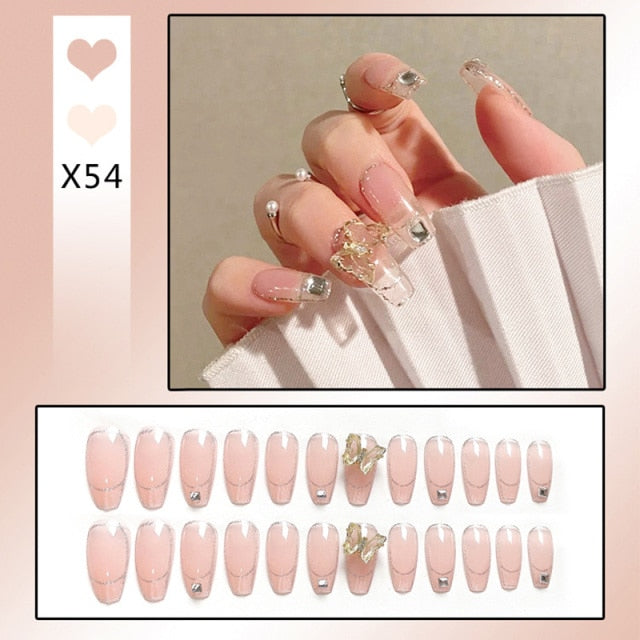 24pcs Butterfly decorated false nails Removable Long Paragraph Fashion Manicure press on nail tips full cover acrylic for girls