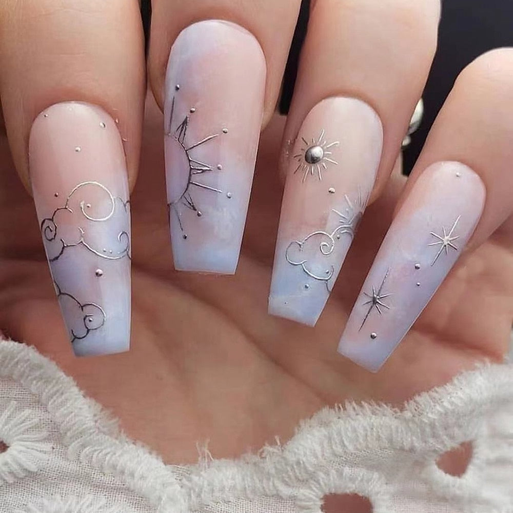 24Pcs Gradient Long Ballet False Nails Simple Constellation Pattern Design Wear Fake Nails Press On Nails Full Cover Nail Tips